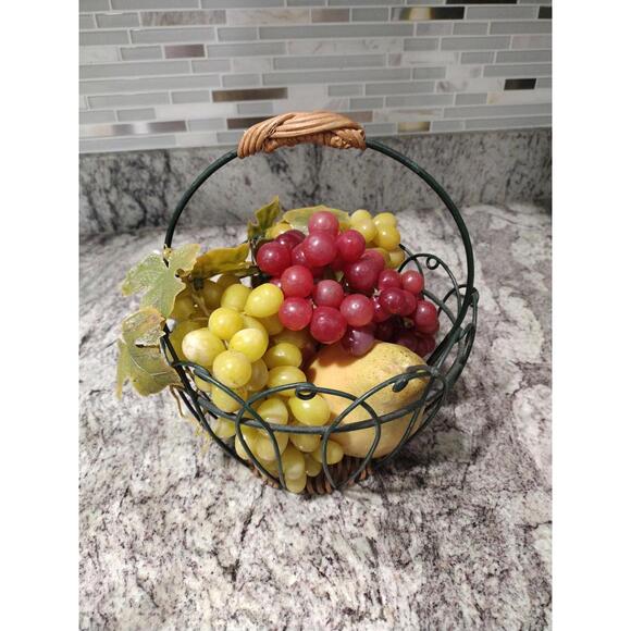 Vintage Wire Basket with Faux Plastic Fruit apple pear and grapes